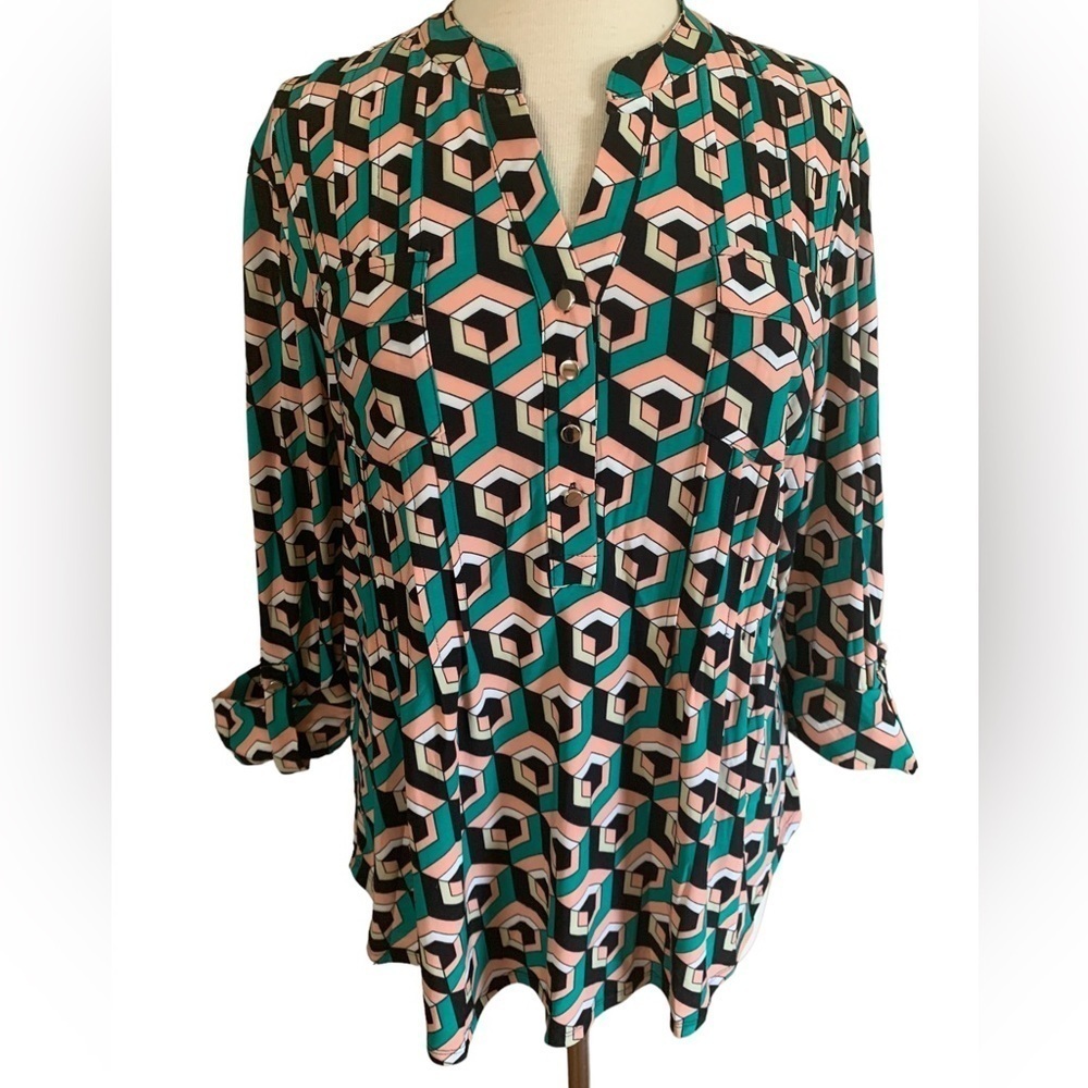 COCOMO XL Green Pink 3/4 sleeve women’s Pintuck Blouse top tunic shirt